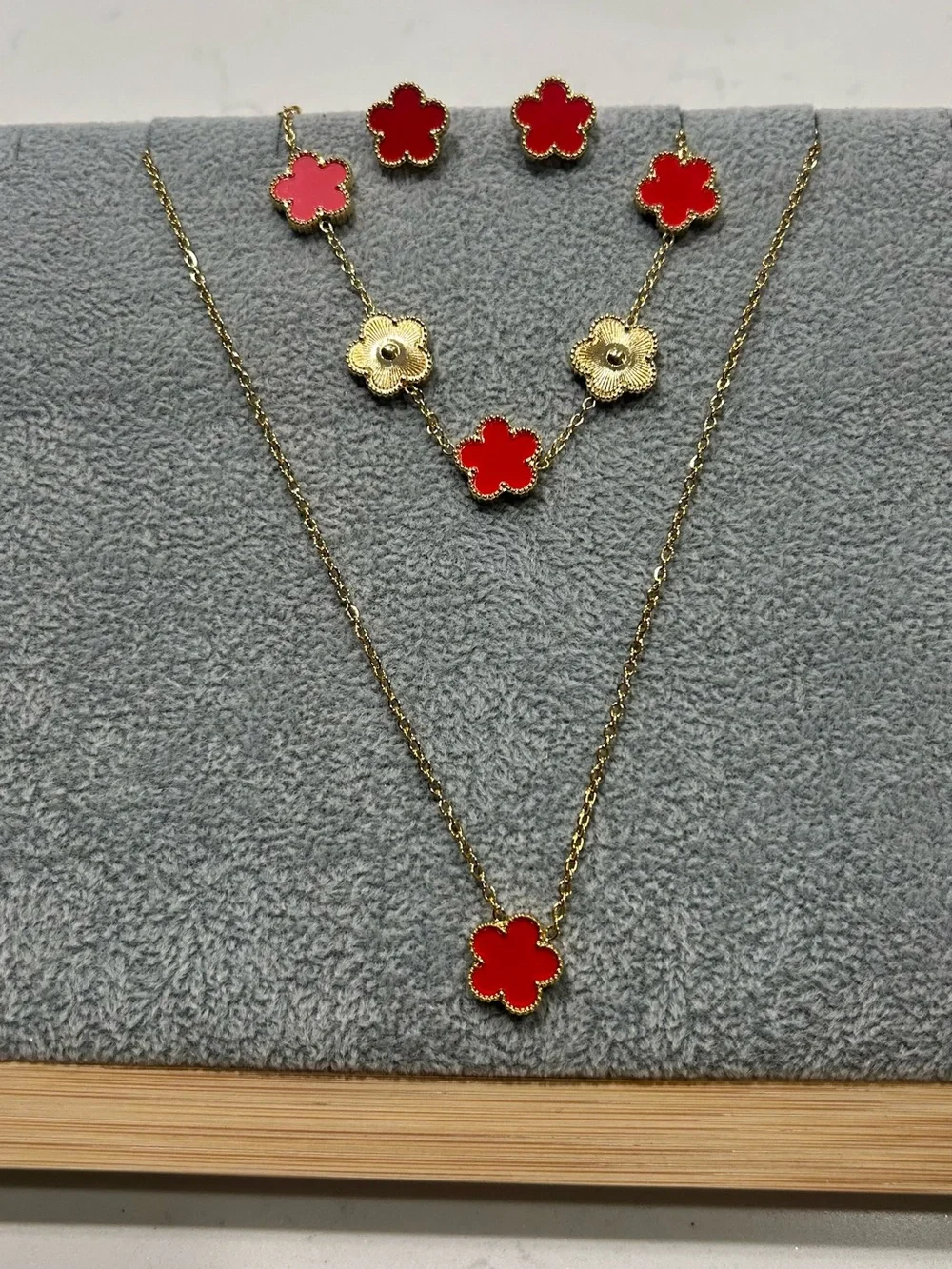 Stainless Steel Red & Gold Flower Pendant Necklace, Bracelet, Earrings Set